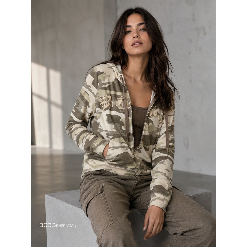 BCBGMAXAZRIA Womens Camo Zip Up‎ Hoodie Tan Olive Green Embroidered Cotton M